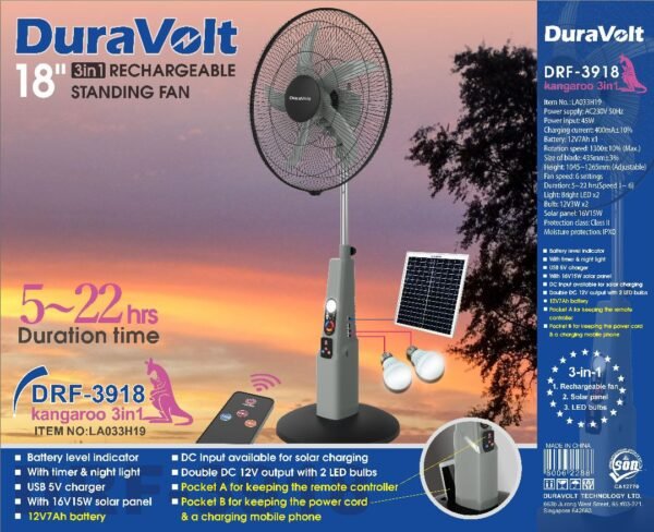 Duravolt 18-inch 3-in-1 Quality Rechargeable Fan