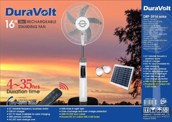 Duravolt 16 Inches - 3 In 1 Rechargeable Fan +Solar Panel + 2 Bulbs